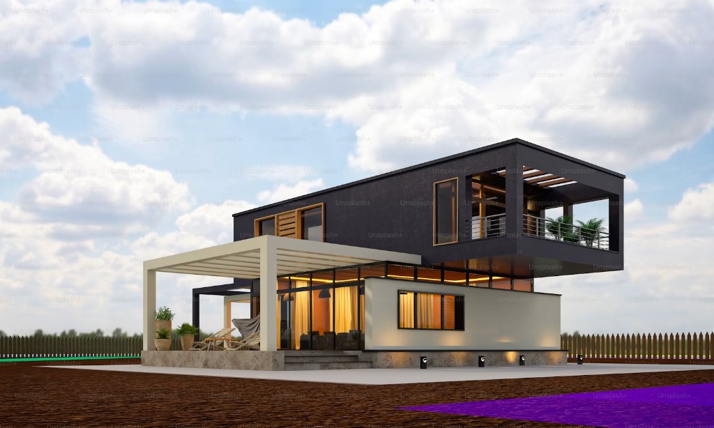Casa contemporánea con pérgola y terraza exterior