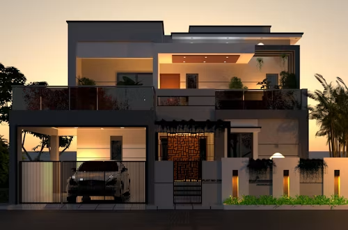 Vivienda de lujo moderna al anochecer